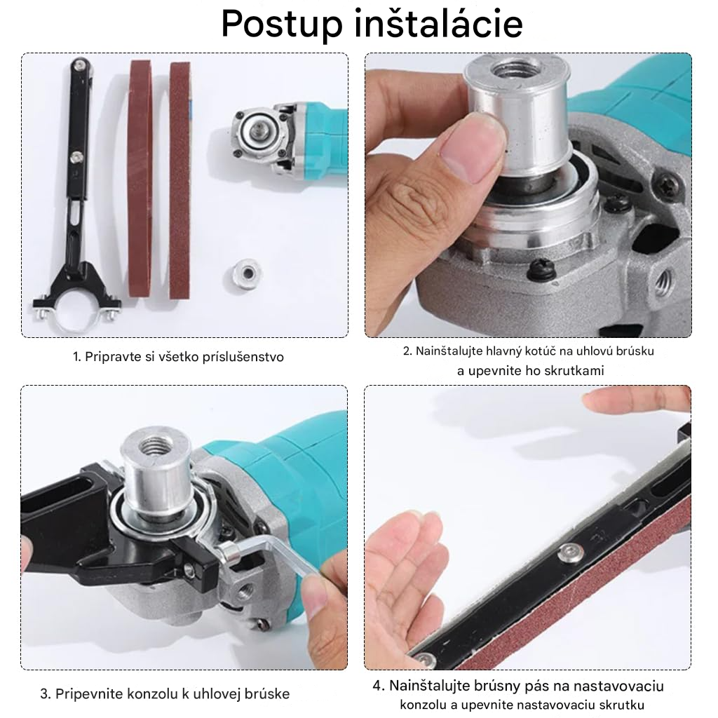 Univerzálny nadstavec na pásové brúsenie pre uhlovú brúsku 100 / 115 / 125 mm – adaptér na ostrenie a brúsenie – Obrázok 2